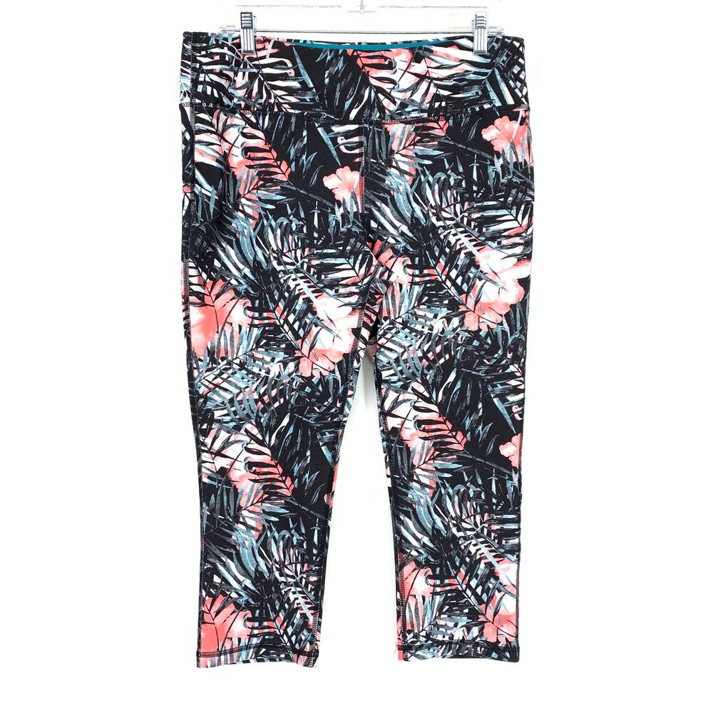 Marika Sport Capri Length Leggings Womens Size XL Black Pink Palm Floral Print